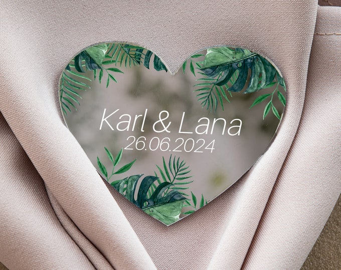 Tropical leaves heart-shaped wedding keepsake | monstera theme glamour silver wedding favor | elegant gift for guest with magnet