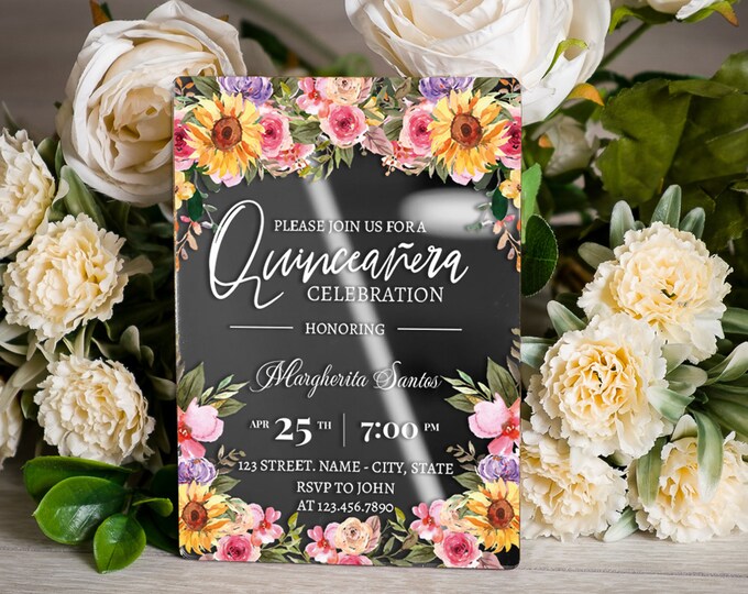 Silver Floral Invitation for Quinceañera | Encanto inspired Quince party card | Cute flower glamour Sweet sixteen invites