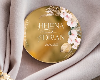 Boho wedding favor | pampass grass mirror personalized party keepsake | botanical golden modern save the date with magnet