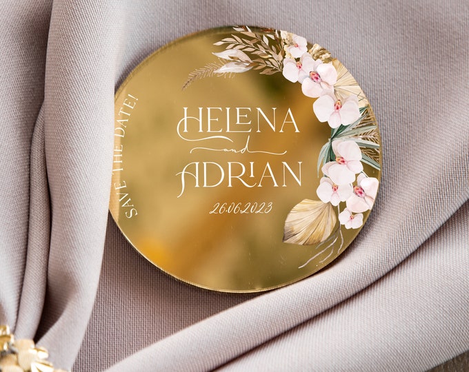 Boho wedding favor | pampass grass mirror personalized party keepsake | botanical golden modern save the date with magnet