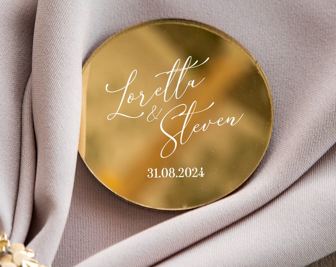 Glamour wedding favor | mirror personalized party keepsake | golden modern save the date with magnet