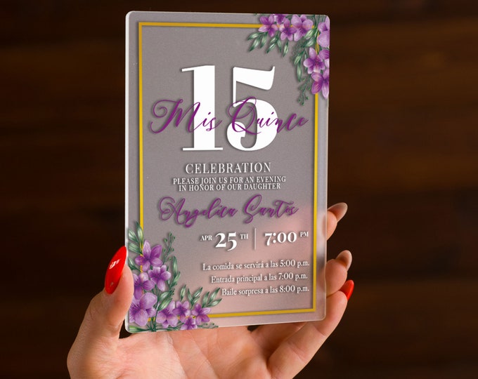 Purple flowers Invitation for Quinceañera | Botanical Quince party card | Boho Sweet sixteen invites