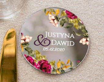 Floral Wedding Favor Magnet | Personalized Red Peonies, Silver Mirror