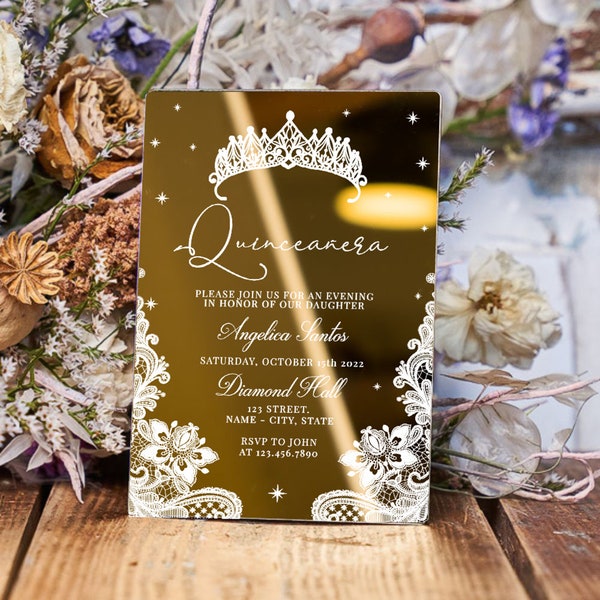 Glamour Invitation for Quinceañera | Sparkly golden Quince party card | Cute Sweet sixteen invites with modern design