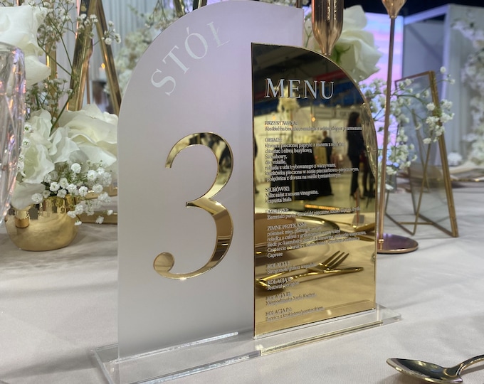Double part arched drink menu with base | elegant wedding detail | golden party decor