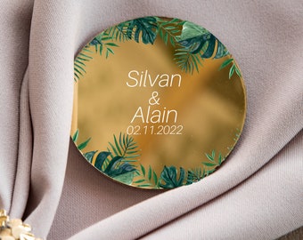 Tropical theme wedding favor | monstera leaves mirror personalized party keepsake | glamour golden modern save the date with magnet