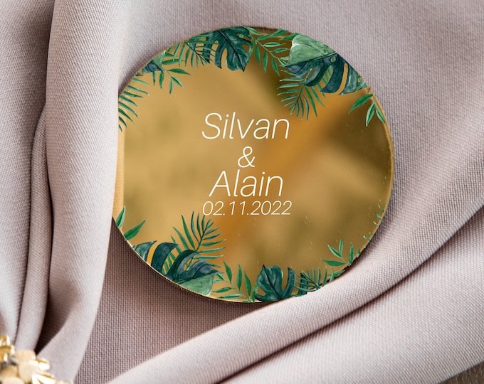 Tropical theme wedding favor | monstera leaves mirror personalized party keepsake | glamour golden modern save the date with magnet