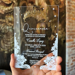 Convite simples de Quinceañera COM COROA DOURADA | Convite Mis Quince | convite acrílico transparente
