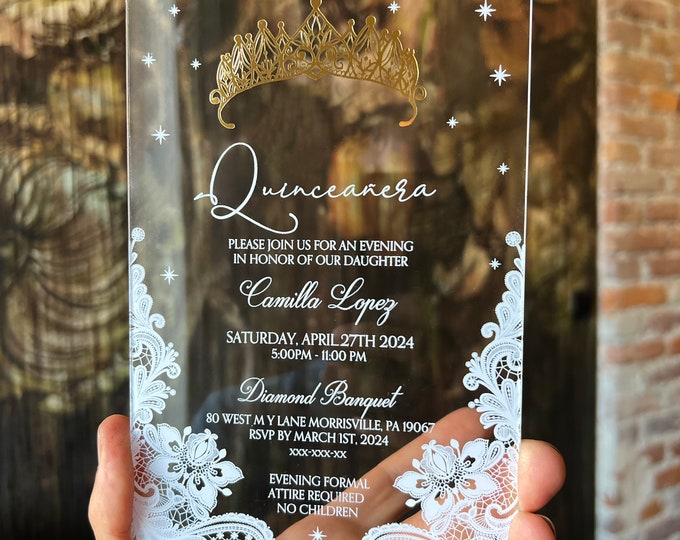 Simple Quinceañera invitation WITH GOLDEN CROWN | Mis Quince invite | clear acrylic invitation