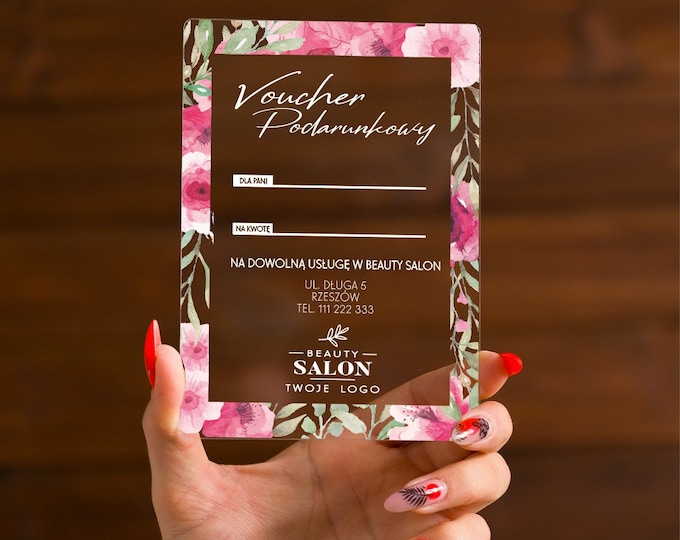 Beauty bar elegant Acrylic GIFT VOUCHER with envelope, mirrored/clear/satin plexi