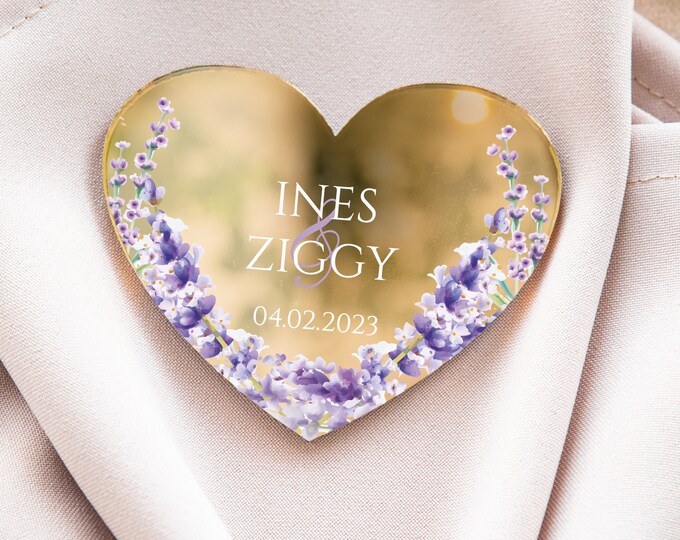 Lavender heart-shaped wedding keepsake | lilac theme glamour golden wedding favor | elegant gift for guest with magnet