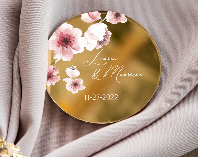 Flower wedding favor | cherry blossom mirror personalized party keepsake | elegant golden modern save the date with magnet