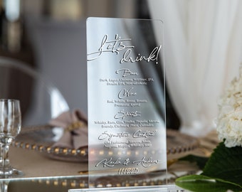 Clear drink menu with base | personalized wedding detail | modern party decor
