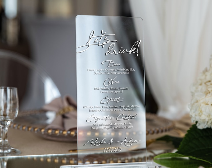 Clear drink menu with base | personalized wedding detail | modern party decor