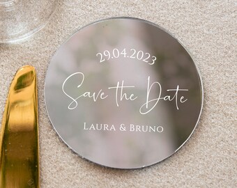 Simple wedding favor | elegant personalized party keepsake | silver modern save the date with magnet