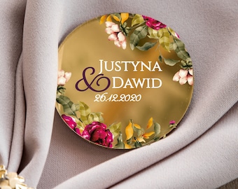 Bold Flower wedding favor | red blossom mirror personalized party keepsake | glamour golden modern save the date with magnet