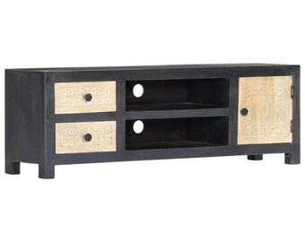 Elegant Black Carved TV Stand with Natural Wood Frame