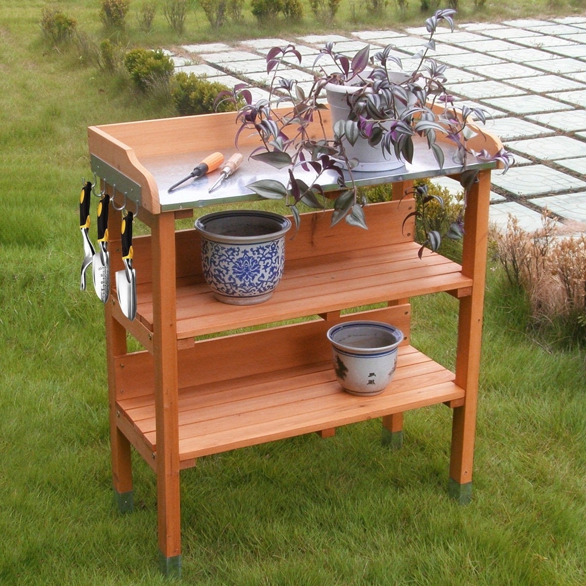 Outdoor Garden Wood Potting Bench Storage Shelf with Metal Top Etsy