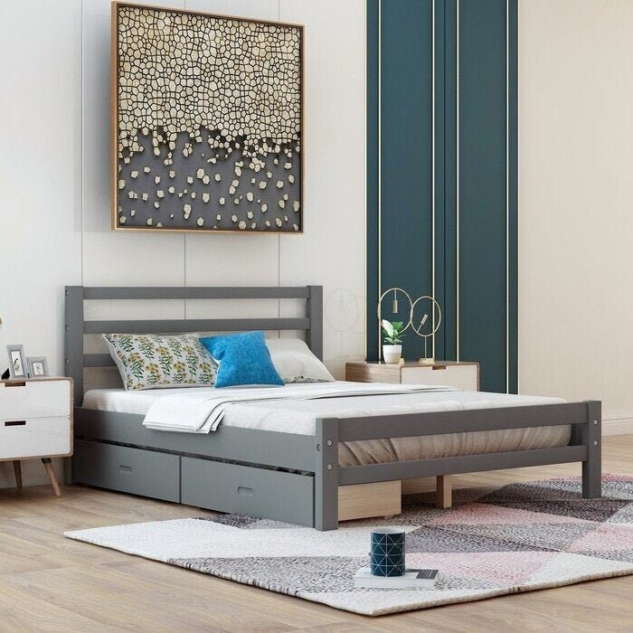 Solid Wood Bed Frame Gray Low Profile 2 Drawer Storage Etsy