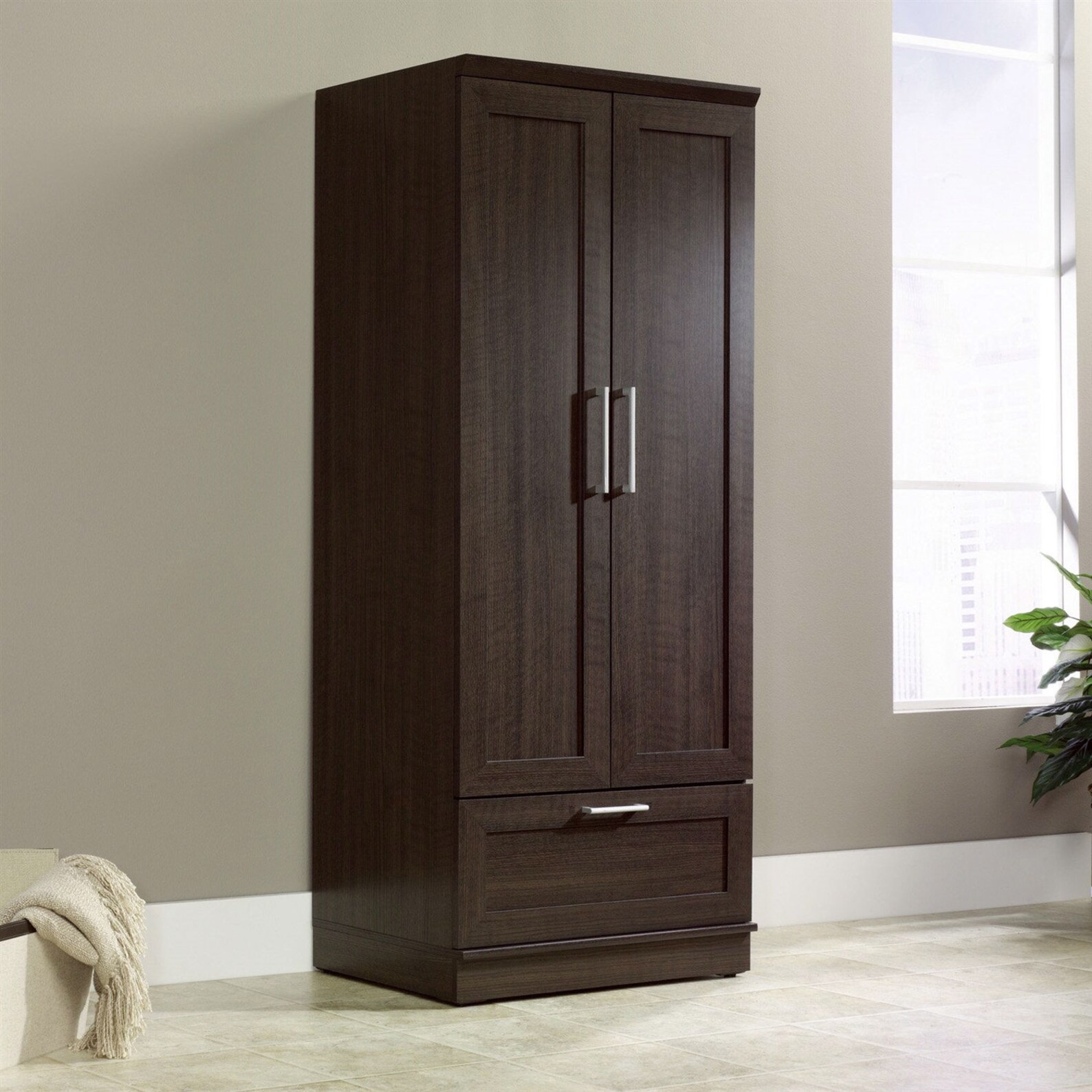 Bedroom Wardrobe Armoire in Dark Brown Oak Wood Finish Etsy