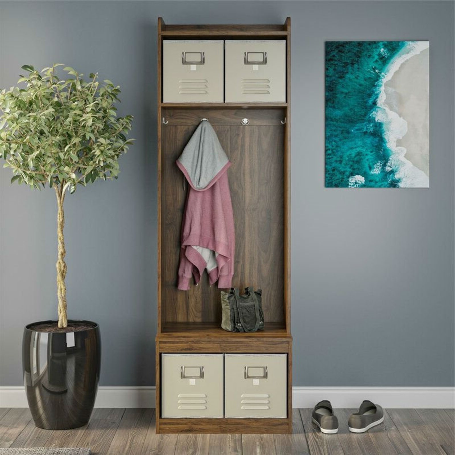 Walnut Locker Coat Rack Entryway Hall Tree with 4 Storage Etsy