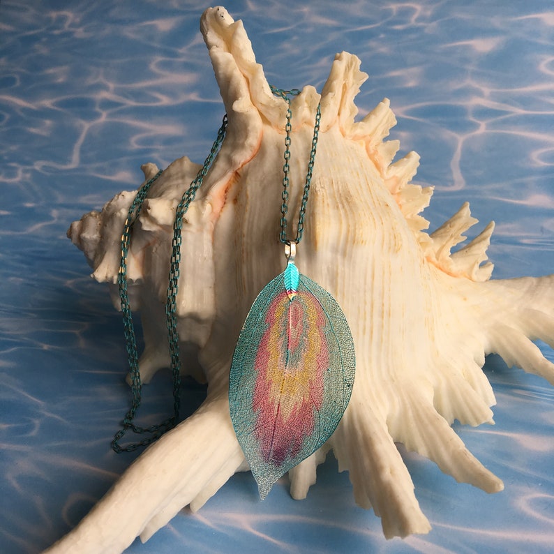 Real Leaf Necklace,Natural Leaf Pendant,Colorful Real Leaf,Aurora Color Real Leaf Necklace,Metallized Leaf Pendant,Nature Lover Gift,For Her