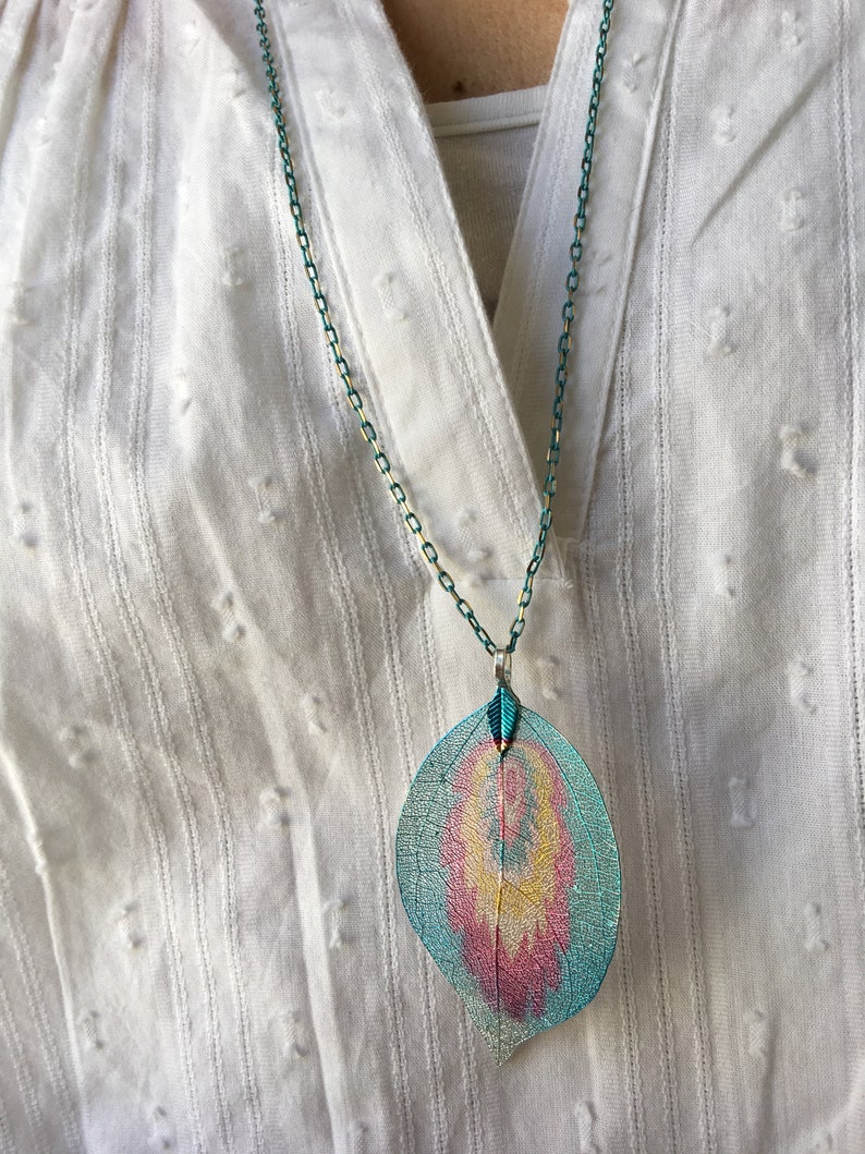 Real Leaf Necklace,Natural Leaf Pendant,Colorful Real Leaf,Aurora Color Real Leaf Necklace,Metallized Leaf Pendant,Nature Lover Gift,For Her