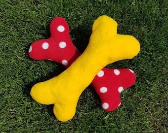 Large Red Polkadot plush dog bone squeaker toy