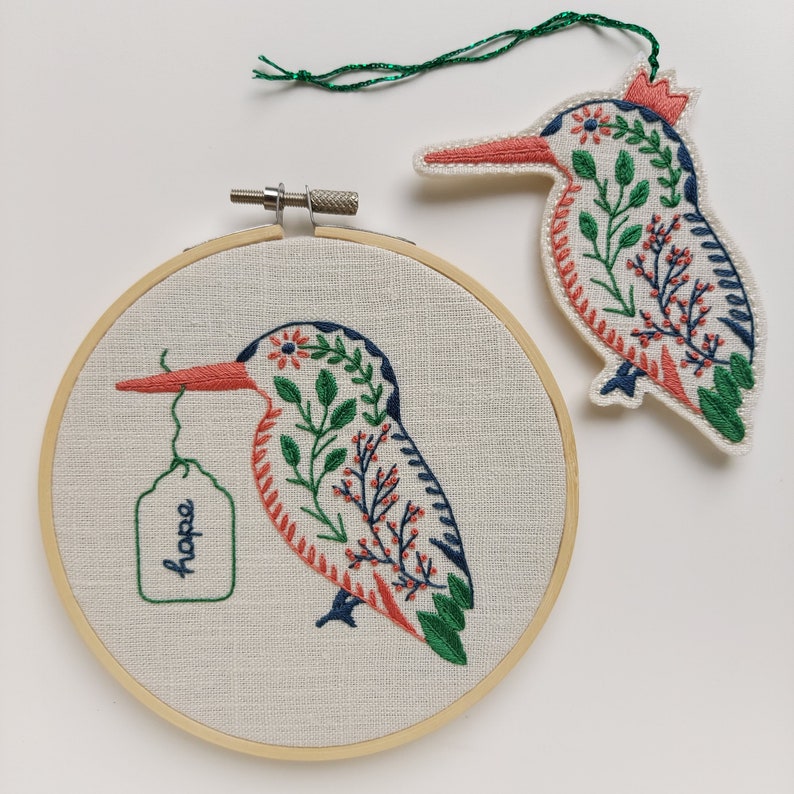 PDF DIGITAL DOWNLOAD only. 2-in-1 Digital Embroidery Pattern and Tutorial. Beginner. For 5 inch hoop. 'The Kingfishers' Hoop & Decoration. image 4