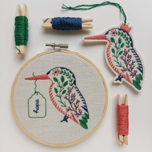 PDF DIGITAL DOWNLOAD only. 2-in-1 Digital Embroidery Pattern and Tutorial. Beginner. For 5 inch hoop. 'The Kingfishers' Hoop & Decoration. image 1
