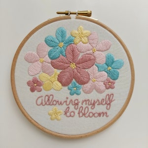 PDF DIGITAL DOWNLOAD only. Embroidery Pattern and Tutorial. Absolute Beginner. For 5 hoop. 'Allowing myself to bloom' Affirmation 1. image 1