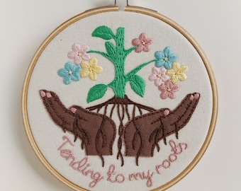 PDF DIGITAL DOWNLOAD only. Embroidery Pattern and Tutorial.  Absolute Beginner. For 5" hoop. 'Tending to my roots' Affirmation 3.