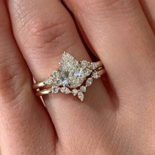 IGI Certified Vintage Saven Stone Lab Grown Diamond Ring Set, Pear Cut Lab Grown Diamond Ring Set, Curved Wedding Band, 14K Solid Gold Ring