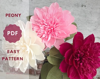 DIY peony, Paper peony tutorial, Paper flowers for Mother’s day, Crepe paper flowers tutorial, Downloadable PDF pattern peony, DIY flowers