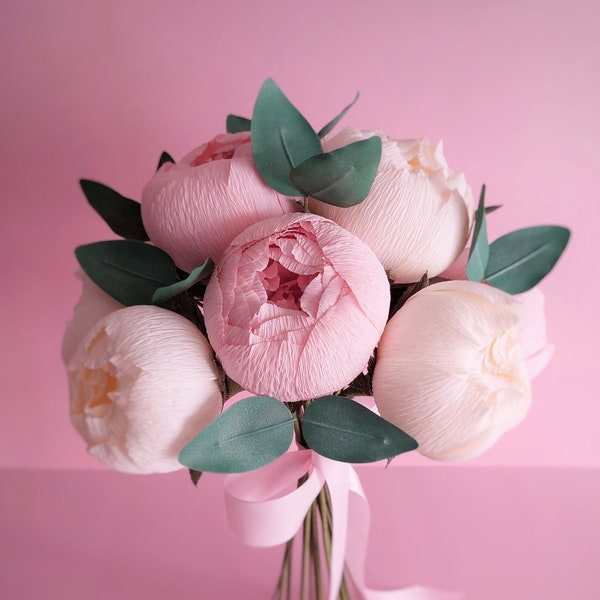 Bouquet de pivoines en papier crêpe, bouquet de fleurs en papier, fausses fleurs, bouquet de mariée, bouquets de mariage