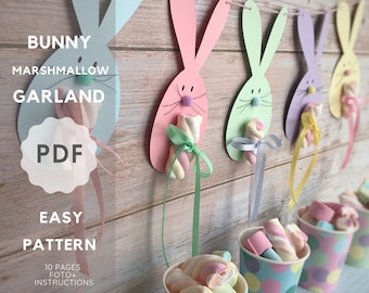 Bunny birthday garland, Bunny decorations, Easy pattern bunny, Easy peasy crafts, Marshmallow bunny