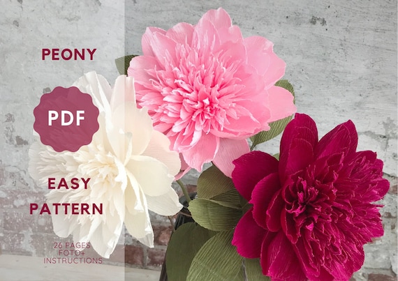 DIY peony, Paper peony tutorial, Paper flowers for Mother’s day, Crepe paper flowers tutorial, Downloadable PDF pattern peony, DIY flowers