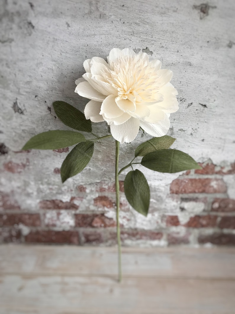 May include: A single white paper flower with green paper leaves on a stem. The flower is in focus and the background is blurred.