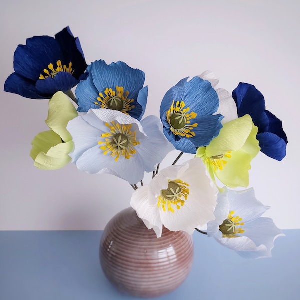 Bouquet de coquelicots en papier, coquelicot en papier crêpe, coquelicots bleus, bouquet de demoiselle d'honneur, bouquet de fleurs en papier