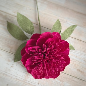 May include: A large, vibrant pink paper flower with crinkled petals. The flower is attached to a stem with green paper leaves.