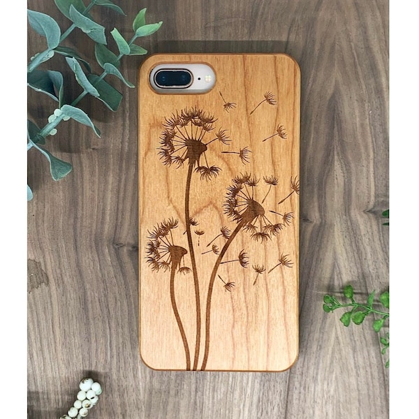 Dandelion Phone Case - Real Wooden Case Engraved with Dandelion Flower - Custom engraved case iPhone 6 7 8 x XR XS Max 11 12 13 Pro Mini