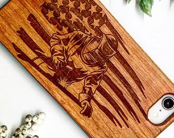 American Welder Phone Case - Real Wooden Engraved Phone Case with Stick Welder Custom Refinery Construction iPhone Case Oilfield Oil Field