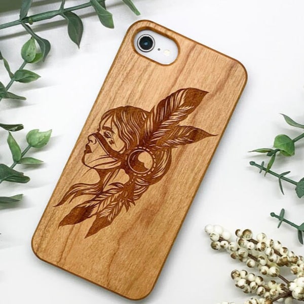 Beautiful Native Woman on Wooden Phone Case - Native American Art Indian Woman Engraved iPhone Case for 13 12 14 Pro Max 11 X