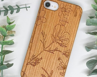 Custom Flower Engraved Wooden Phone Case made from Real Wood with Flower Print Design Engraved - Custom Floral Pattern Design Phone Case