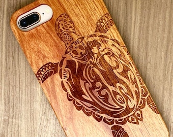 Sea Turtle Geometric Pattern Wooden Phone Case - Sea Turtle Engraved into real wooden case for iphone 6 7 8 6s 7+ 8+ x xr xs max 11 pro