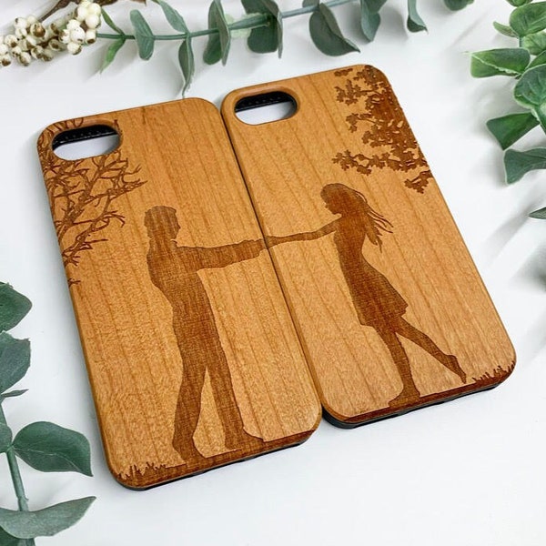 Couples Phone Case Set - Men and Womens Wooden Phone Case Set Engraved - Couple Holding Hands Engraving into Real Wooden Phone Cases Custom