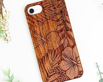 Wooden Engraved Phone Case - Hawaiian Flower and Plants Phone Case - Nature Pattern Print on Phone Case for iPhone 6 7 8 x XS XR Max 11 12