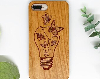 Butterflies in Lightbulb Phone Case - Wooden Phone Case made of Real Wood with Butterfly Butterflies escaping Broken Lightbulb iPhone 12 13