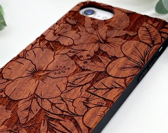 Wooden Engraved Phone Case - Hawaiian Flower and Plants Phone Case - Nature Pattern Print on Phone Case for iPhone 6 7 8 x XS XR Max 11 12