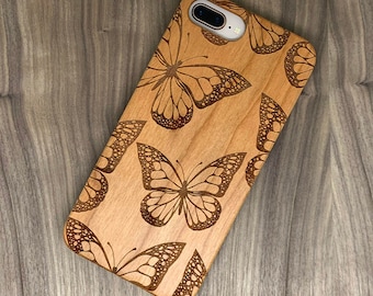 Beautiful Butterfly Engraved Wooden Phone Case for iPhone - Butterfly pattern engraved into real wood  - 6 7 8 x xr xs max 11 12 13 pro mini